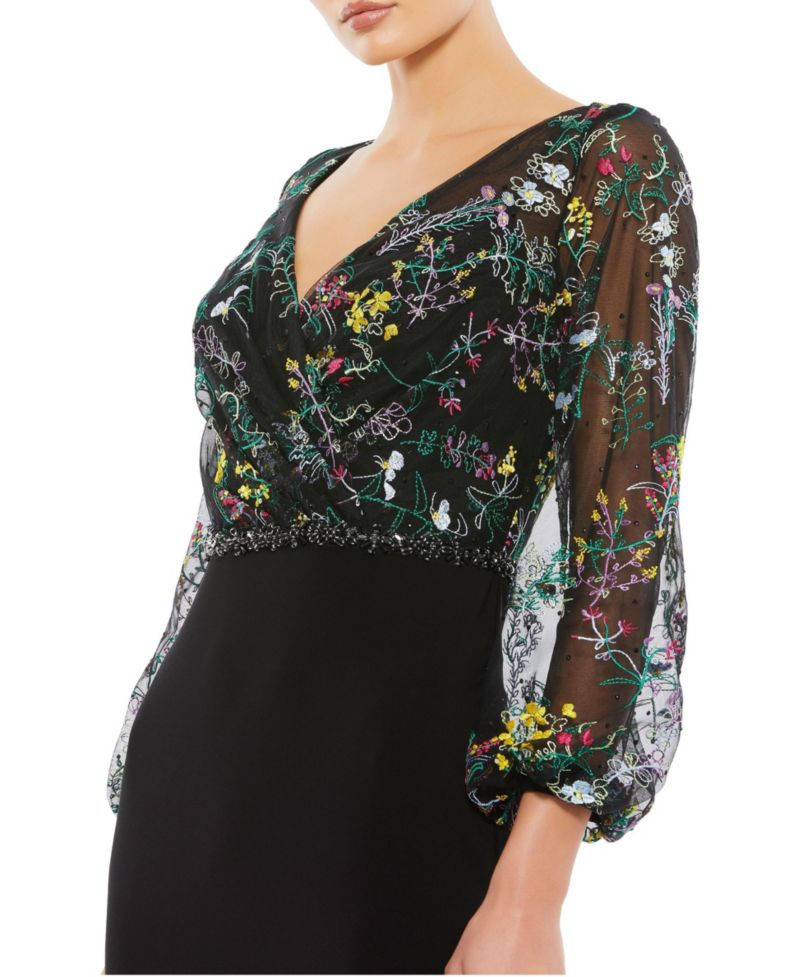 Women's Embroidered Illusion Puff Sleeve Column Gown