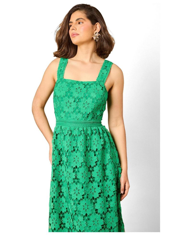 Women's Floral Lace Square Neck Midi Dress
