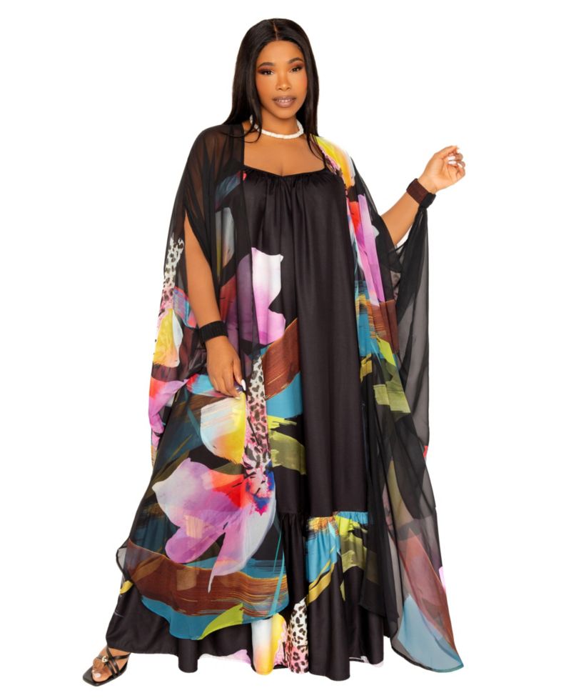 Plus Size Floral Chiffon Kimono Cover-Ups