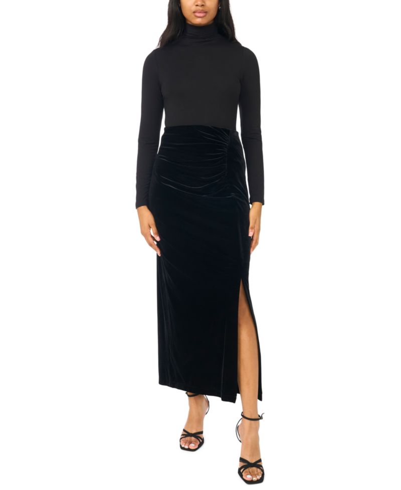 Women's High-Waisted Velvet Ruched Maxi Skirt