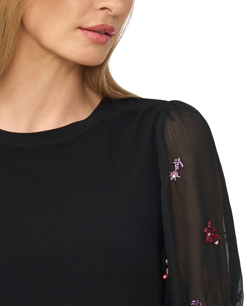 Women's Beaded Short-Sleeve Mixed-Media Crew Neck Blouse