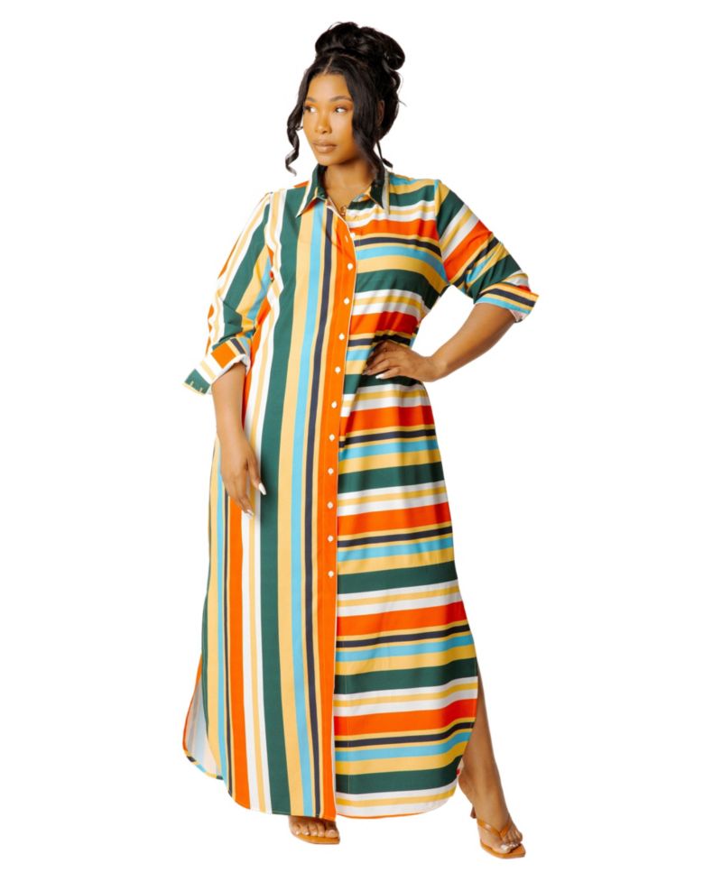 Plus Size Maxi Stripe Maxi Shirt Dress
