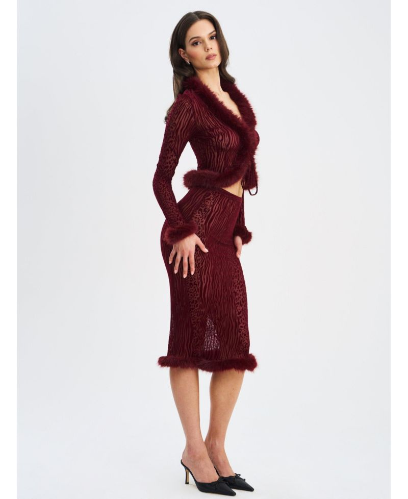 Women's Hali Burgundy Animal Print Burnout Velvet Fur Trim Top
