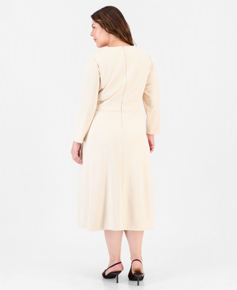 Plus Size Aline Tie Waist Midi Long-Sleeve Dress