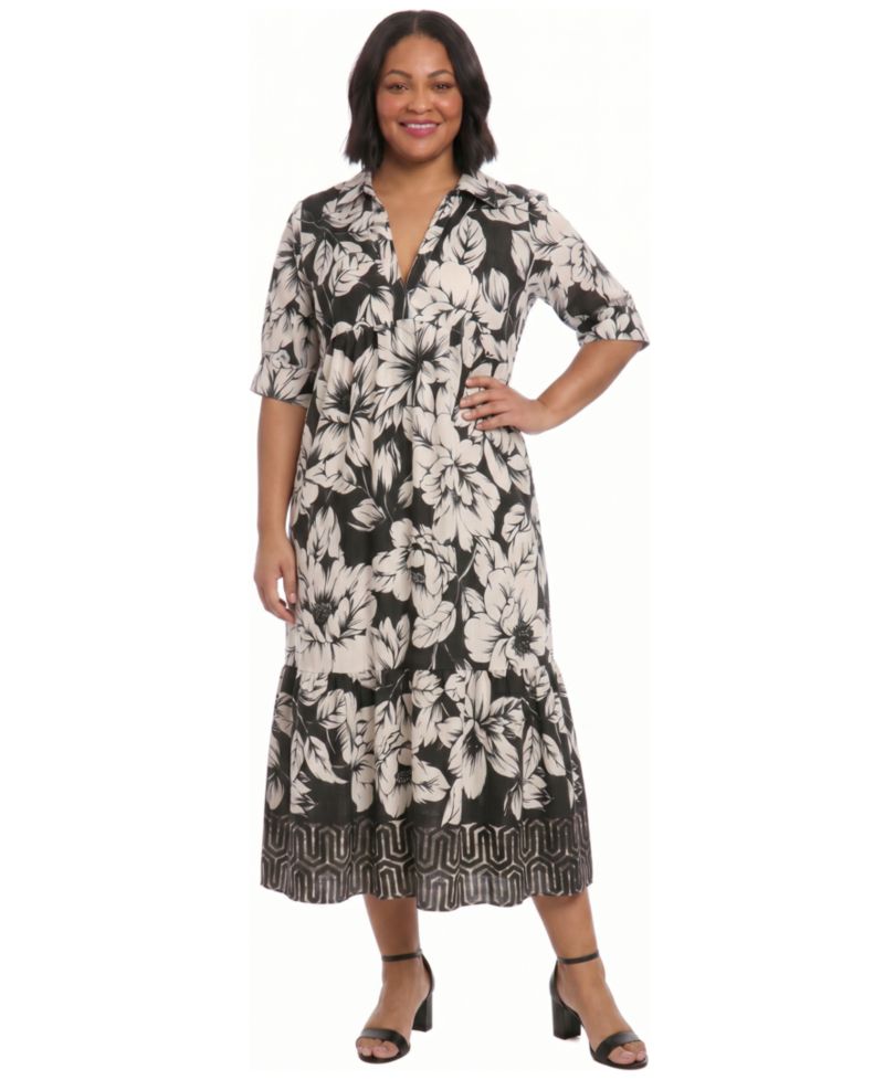 Plus Size Collared Placement Print Dress