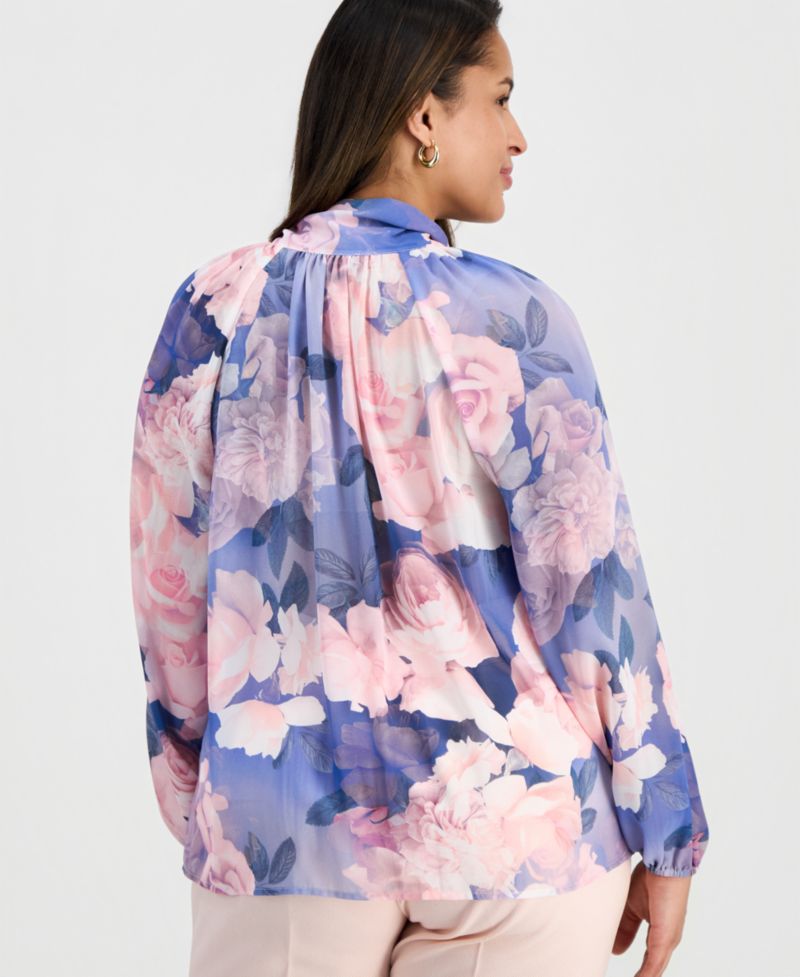 ASL Plus Tie-Neck Blouson-Sleeve Blouse