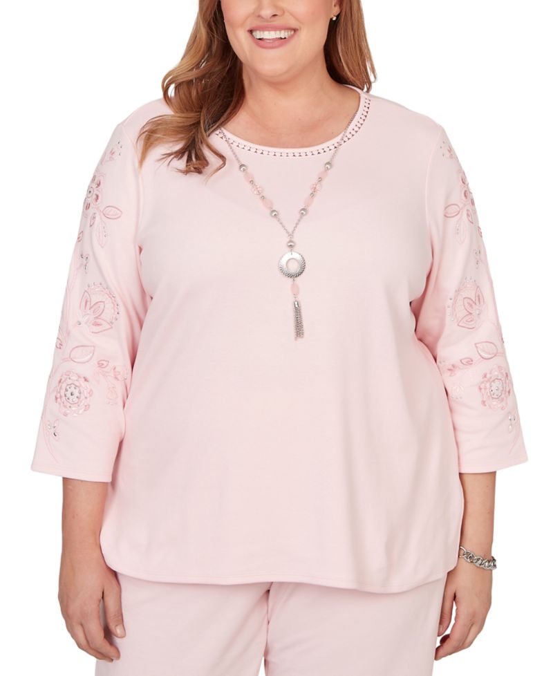Plus Size Embroidered Floral-Sleeve Accent Top with Necklace
