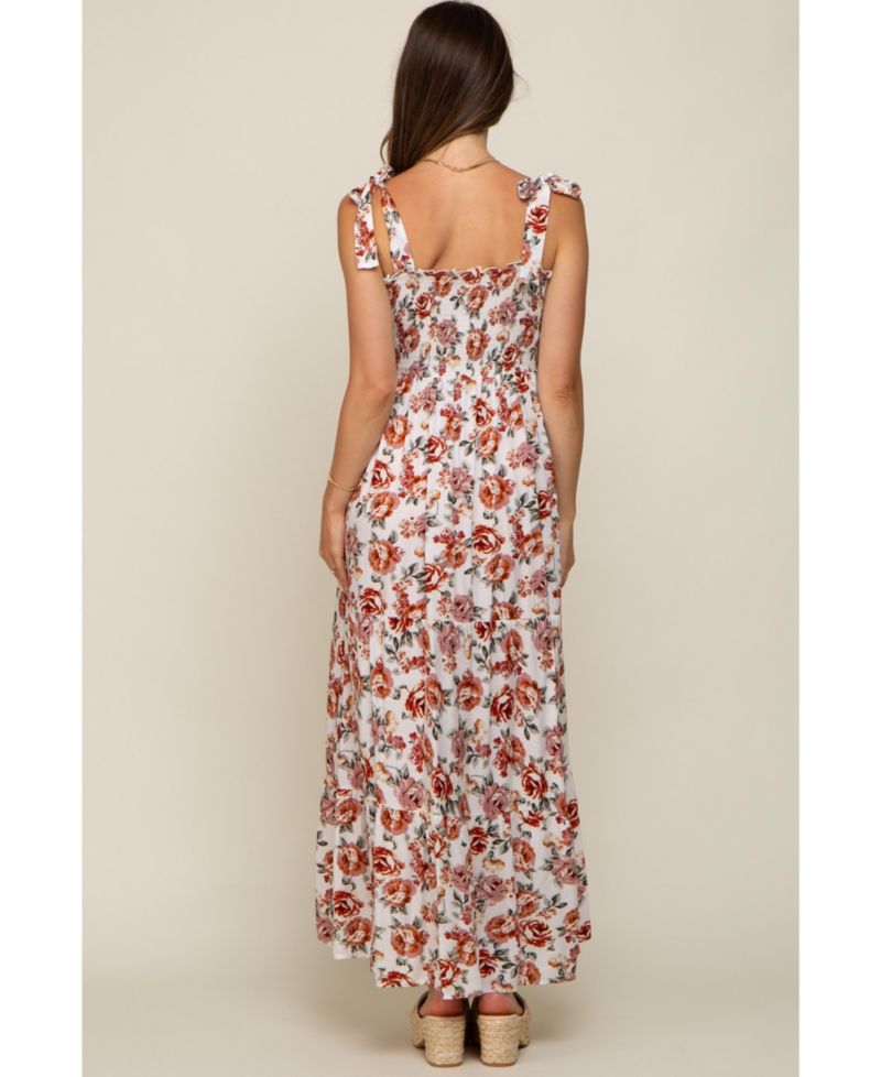 Women's Cream Floral Smocked Shoulder Tie Tiered Maxi Dress