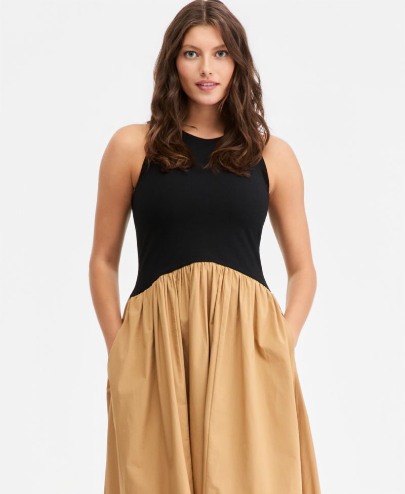 Women's Curved-Waist Mixed-Media Midi Dress