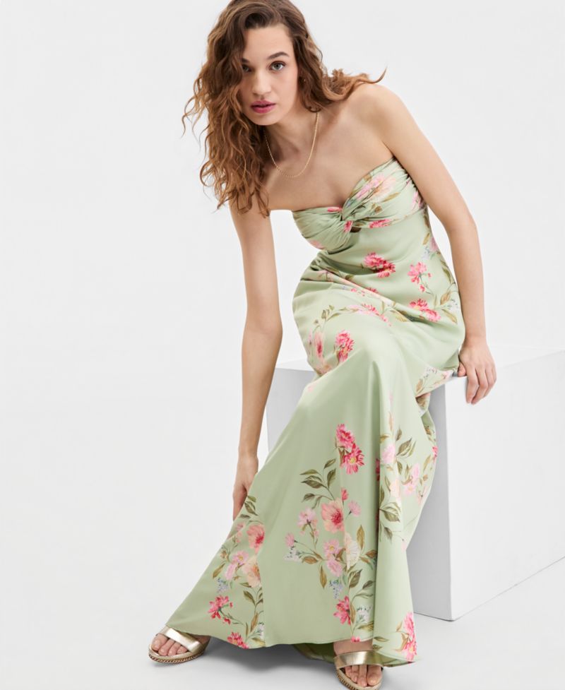 Juniors' Floral Print Strapless Gown