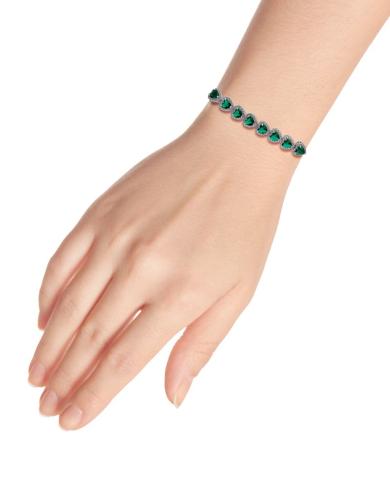 Cubic Zirconia Green Glass Heart Halo Link Bracelet