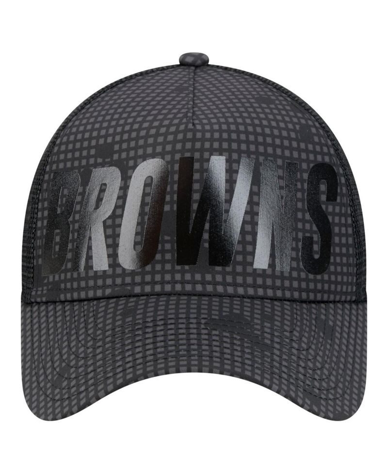 Men's Black Cleveland Browns Throwback Midnight Ink Tonal Text A-Frame Trucker 9FORTY Adjustable Hat