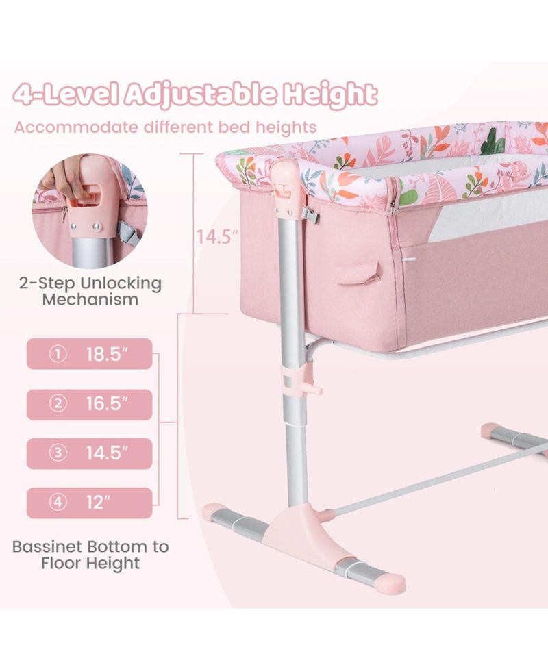 Baby Folding Bedside Bassinet Sleeper with 4 Adjustable Heights