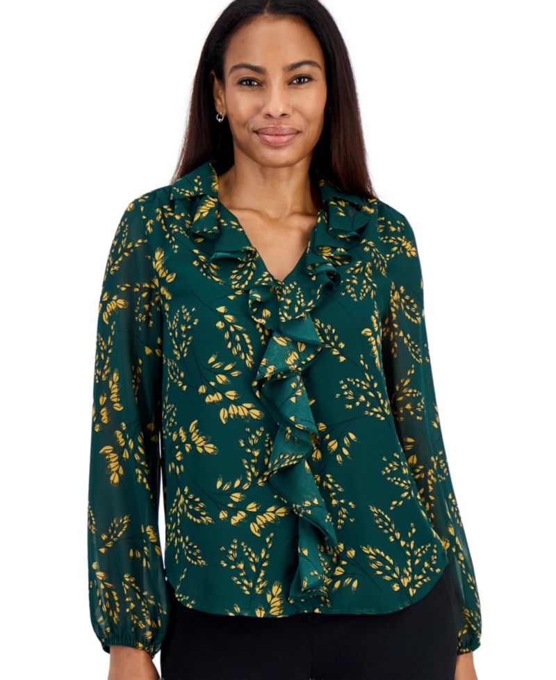 Women's Ruffle V-Neck Long-Sleeve Blouse