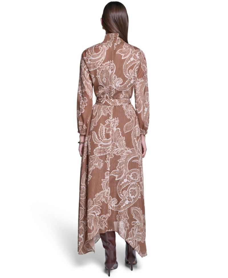 Women's Paisley-Printed Long-Sleeve Chiffon Midi Dress