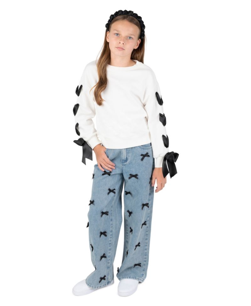 Girls' 7-12 Bow-Trim Sweatshirt and Bow-Embellished Wide-Leg Denim Pants, 2-Piece Set