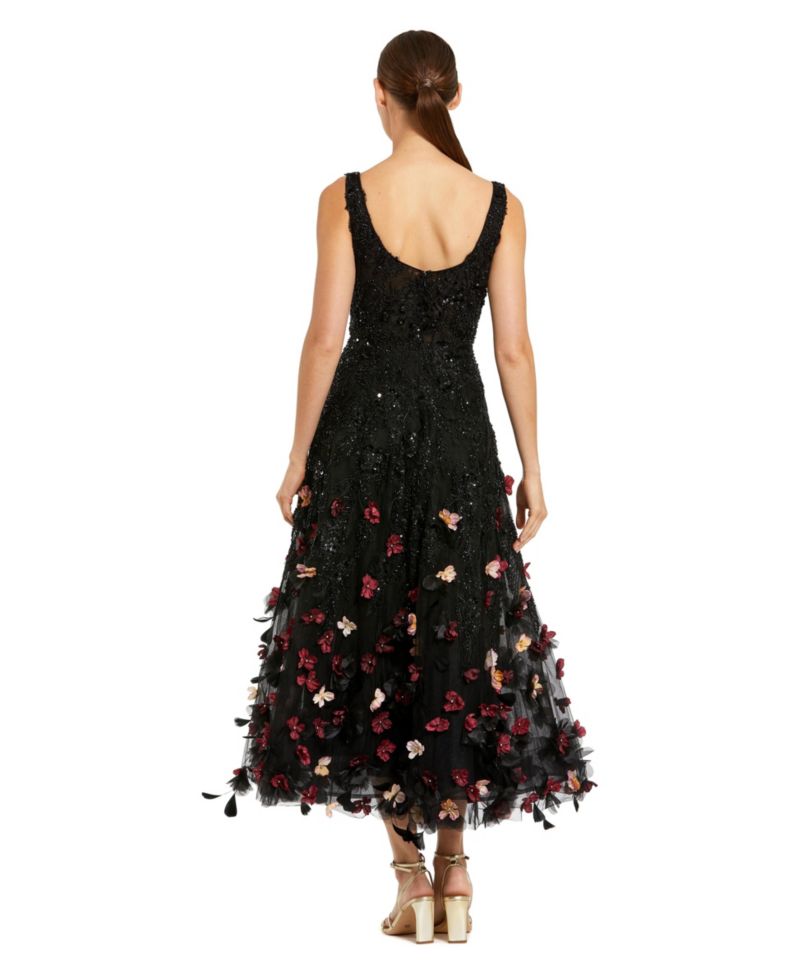 Petite Sleeveless Beaded Midi Dress With 3D Flowers