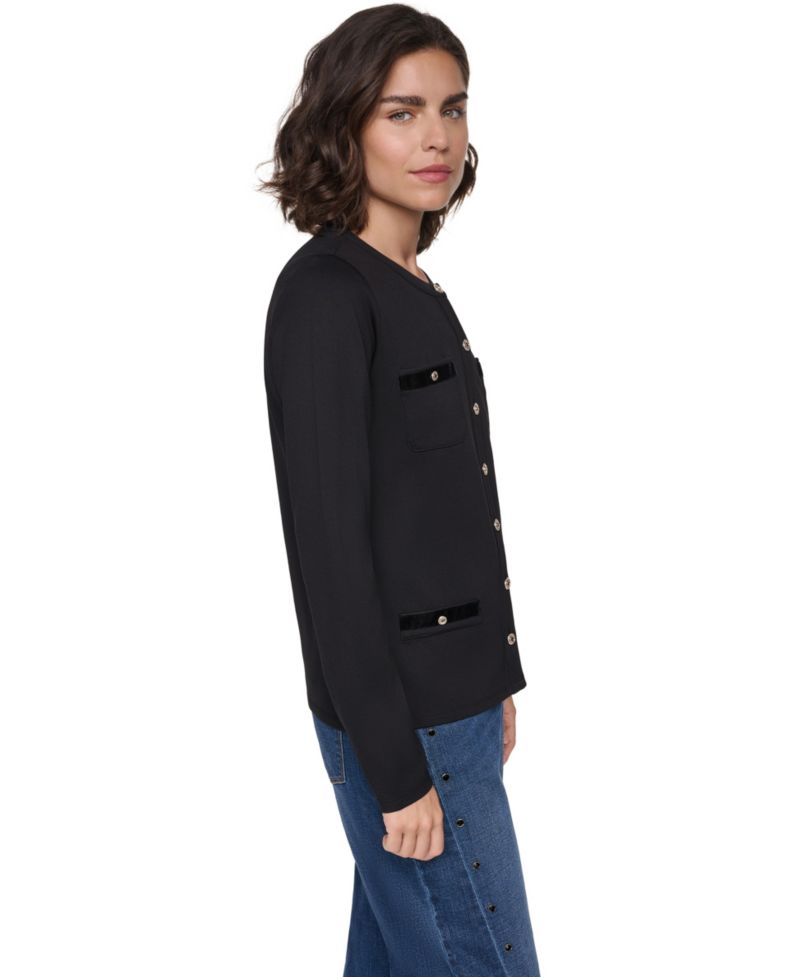 Petite Long-Sleeve Button-Up Crewneck Top