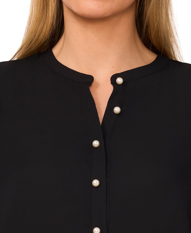Women's Crewneck Faux-Pearl-Button Blouse