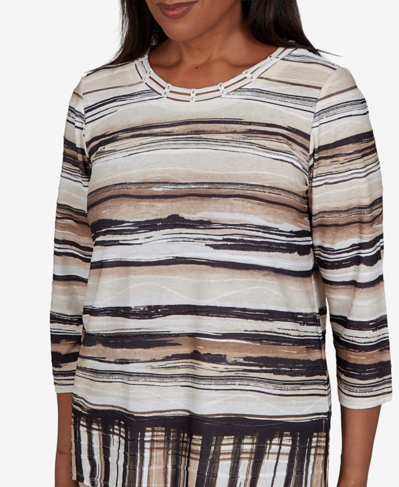 Petite Travel Advisory Scratched Stripes 3/4-Sleeve Striped Knit Top