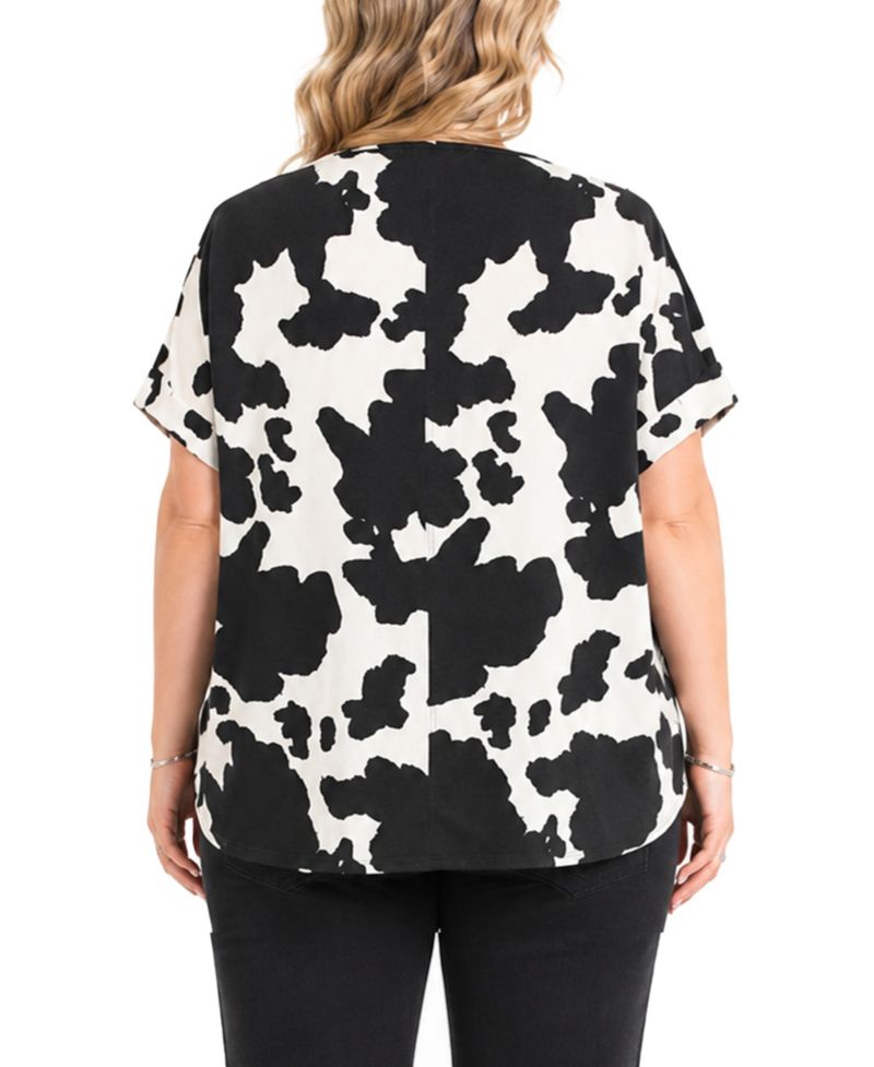Plus Size Cow Print Dolman Rolled Short-Sleeve 1/2 Zip Top