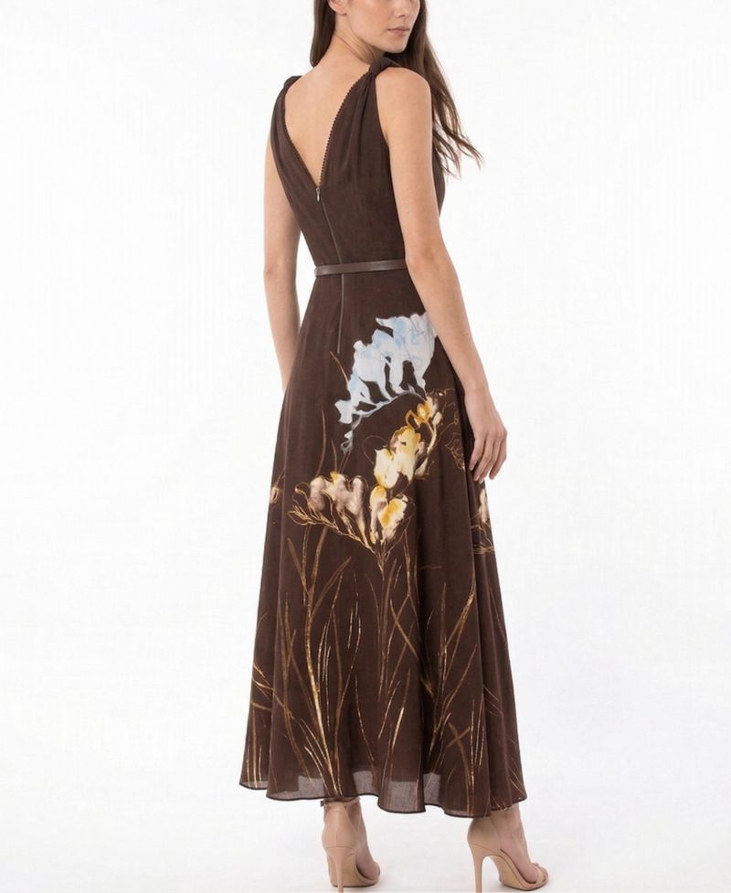 Women's Floral Belted V-Neck Sleeveless Dress