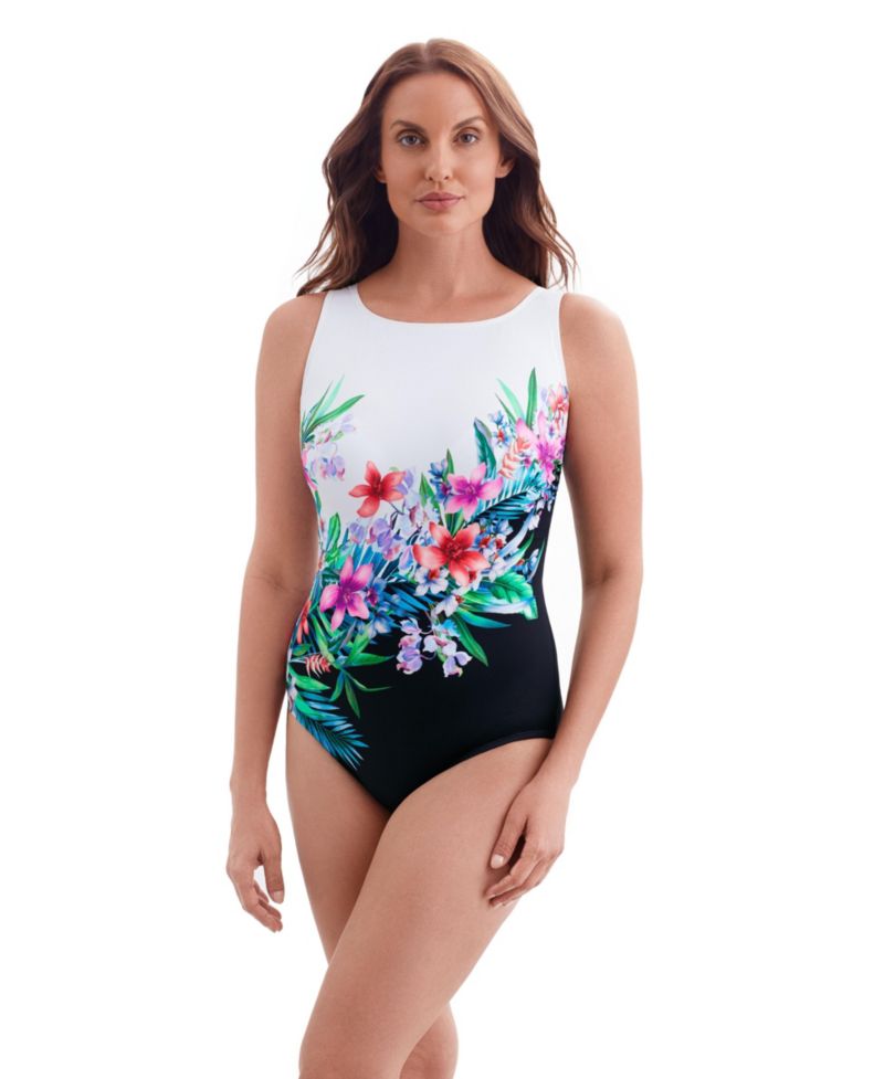 Women's Glamour Floral Panel Scoopback Highneck Long Torso One-Piece Swimsuit