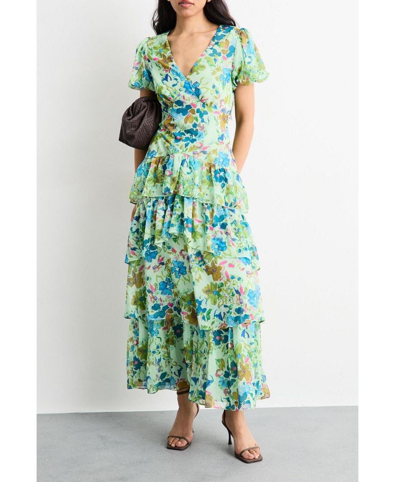 Women's Waist Puff Sleeve Tiered Midi Dress
