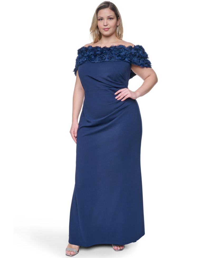 Plus Size Rosette-Trim Off-The-Shoulder Evening Gown