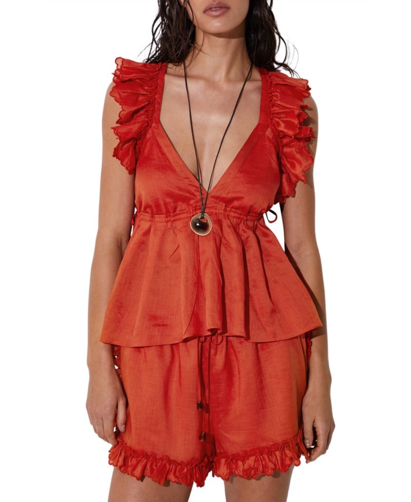 Women's Brook Ruffle-Trimmed Cap Sleeves V-Neck Open-Back Babydoll Top