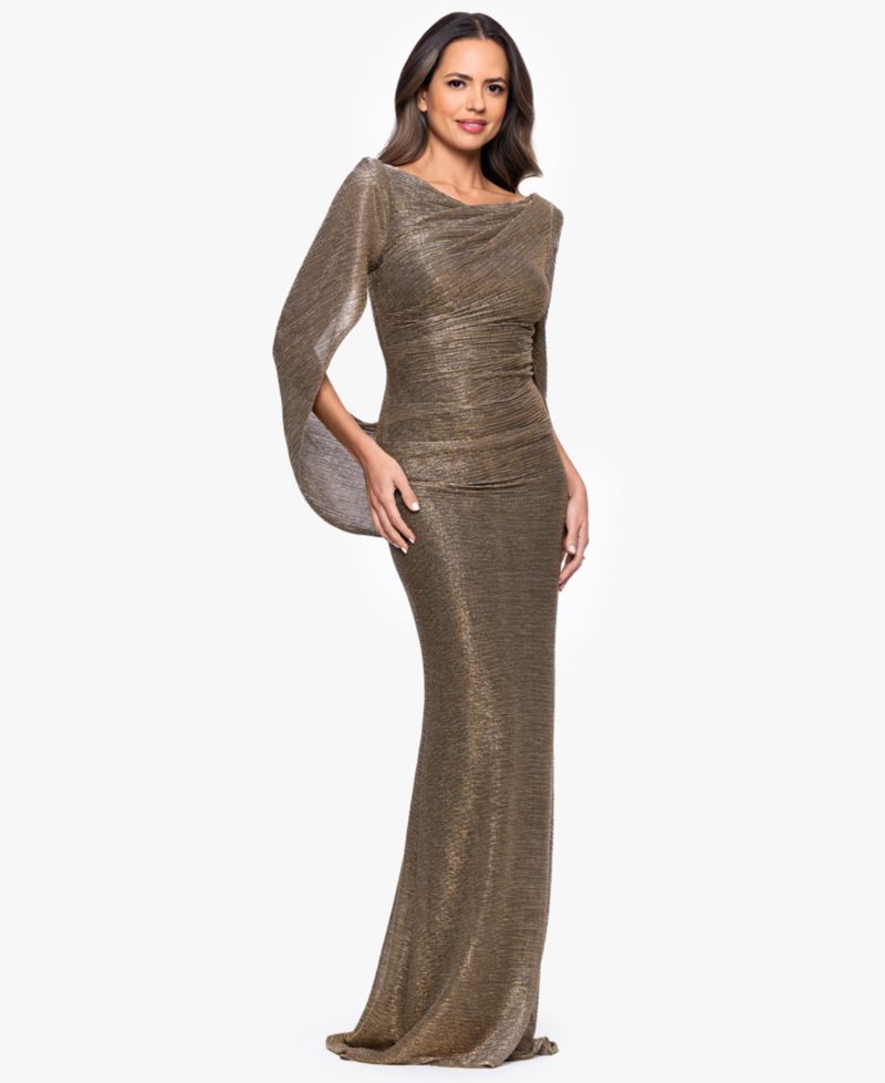 Petite Mother of Bride Metallic-Crinkle Long-Sleeve Gown