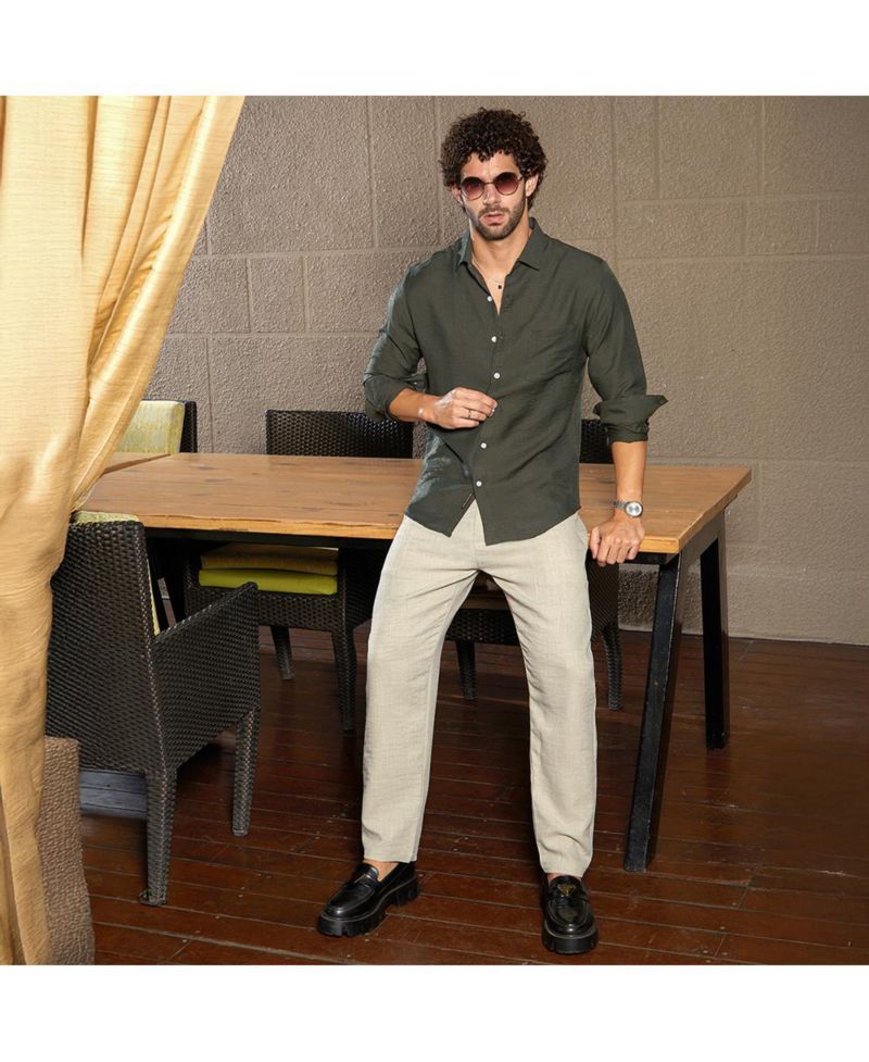 Men's Olive Green Breezy Wrinked Relaxed Shirt