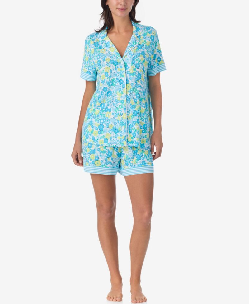 Women's Short-Sleeve Notch Collar Jersey Top & Shorts, 2-Piece Pajama Set