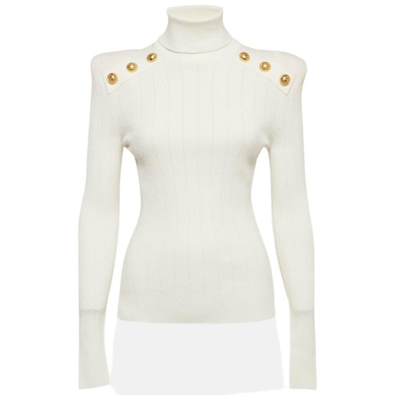 Women's White Rib Knit Structured Shoulders Turtleneck Sweater
