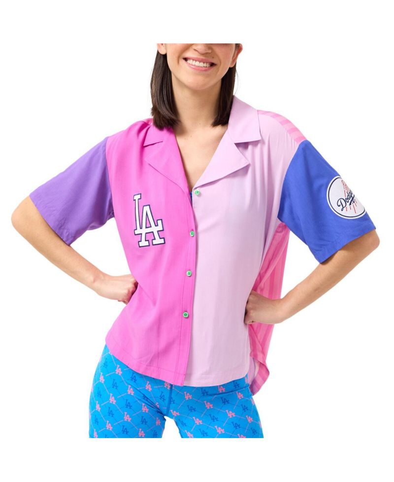 Women's Pink Los Angeles Dodgers Color Block Button-Up Shirt