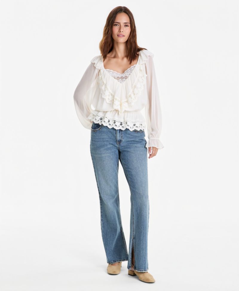 Plus Size Ruffle Long-Sleeve Lace-Trim Top