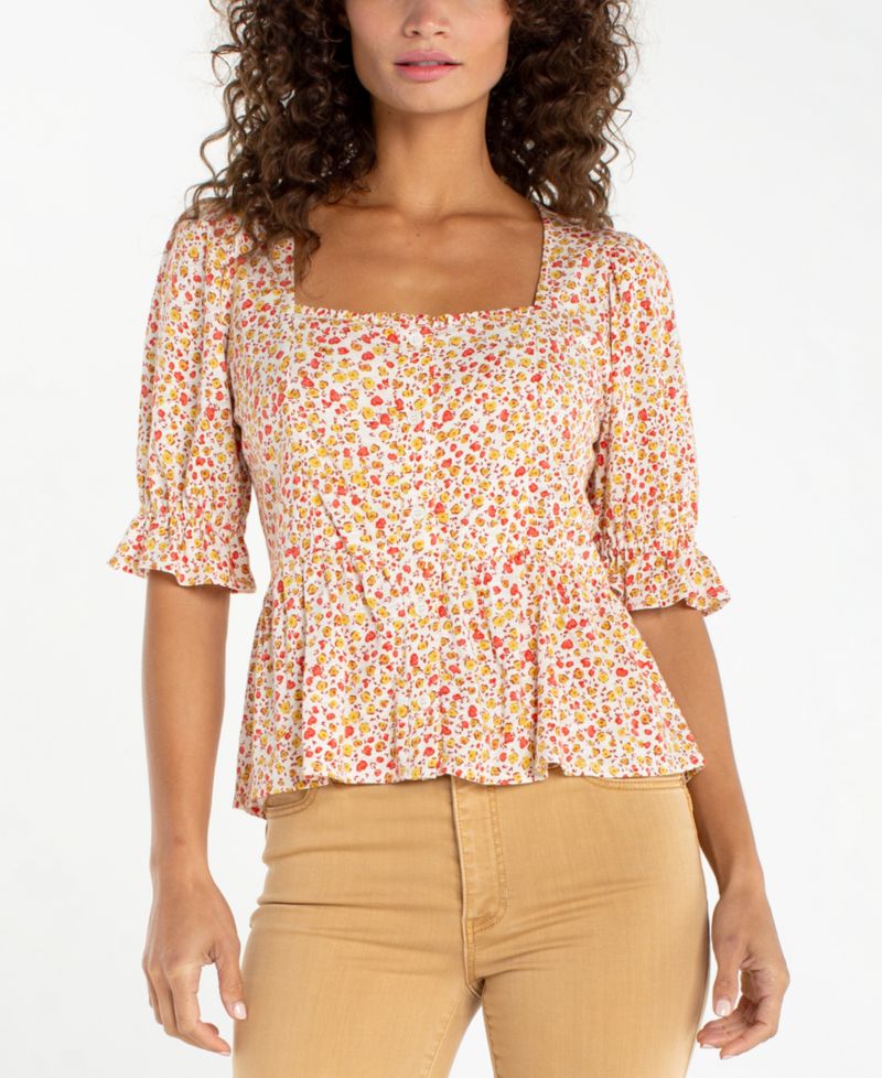 Petite Square Neck Puff-Sleeve Blouse