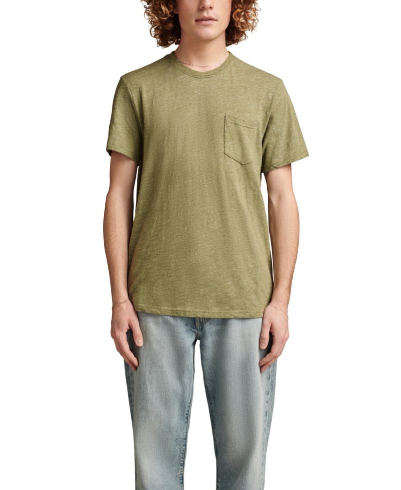 Men's Linen Short Sleeve Pocket Crew Neck Tee Shirt