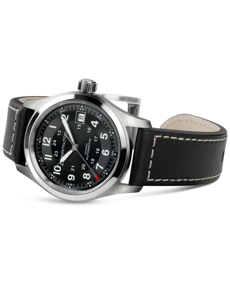 Men's Swiss Automatic Khaki Field Black Leather Strap Watch 38mm