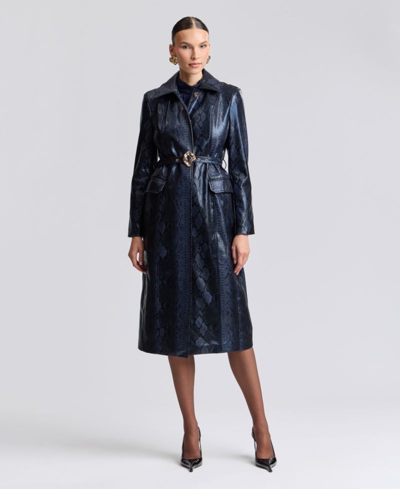 Women's Center Front Belted Python-Print Faux Leather Trench Coat