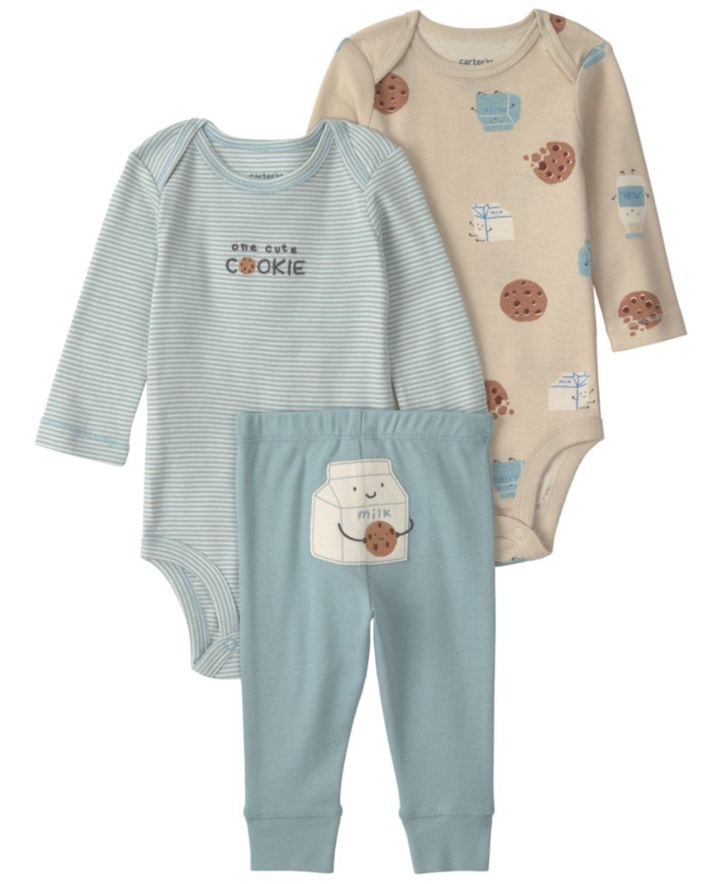 Baby Boys' Milk and Cookies Long-Sleeve Bodysuits and Pants, 3-Piece Set