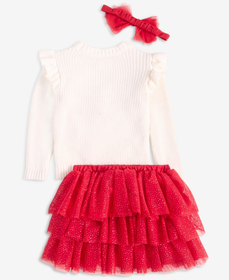 Baby Girls' Bow Tiered Glitter Headband, Sweater and Skirt, 3-Piece Set