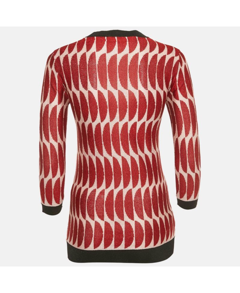 Women's Red/pink Patterned Lurex Knit Sheer Jumper