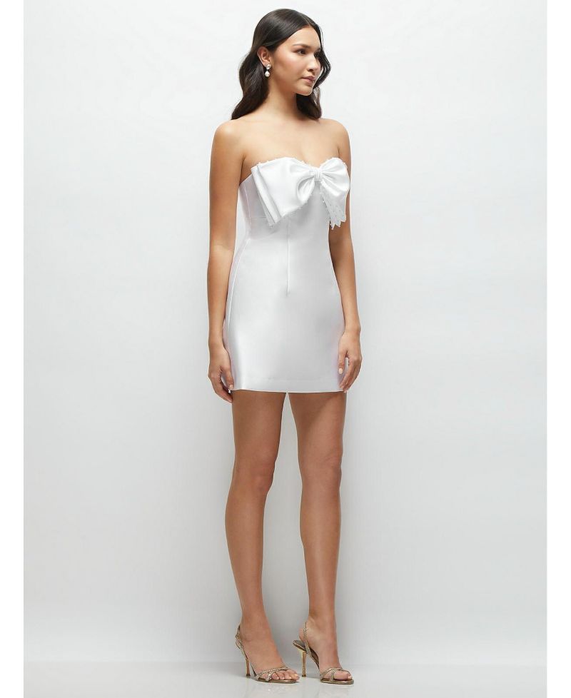 Women's Oversized Bow Strapless Little White Mini Dress with Pearl Accents