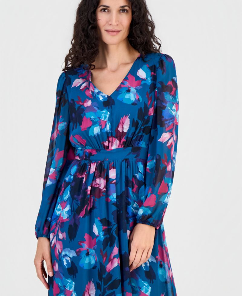 Women's Floral Balloon-Sleeve Smocked-Back Maxi Dress