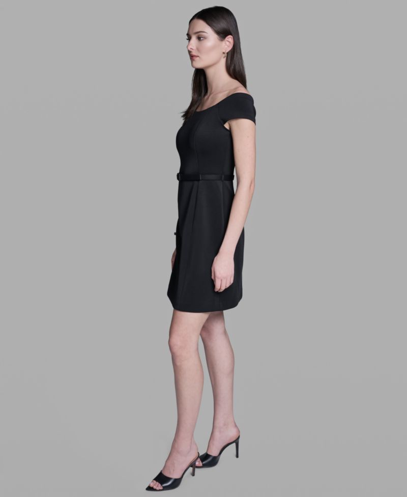 Women's Off-The-Shoulder Scuba Belted Mini Fit & Flare Dress