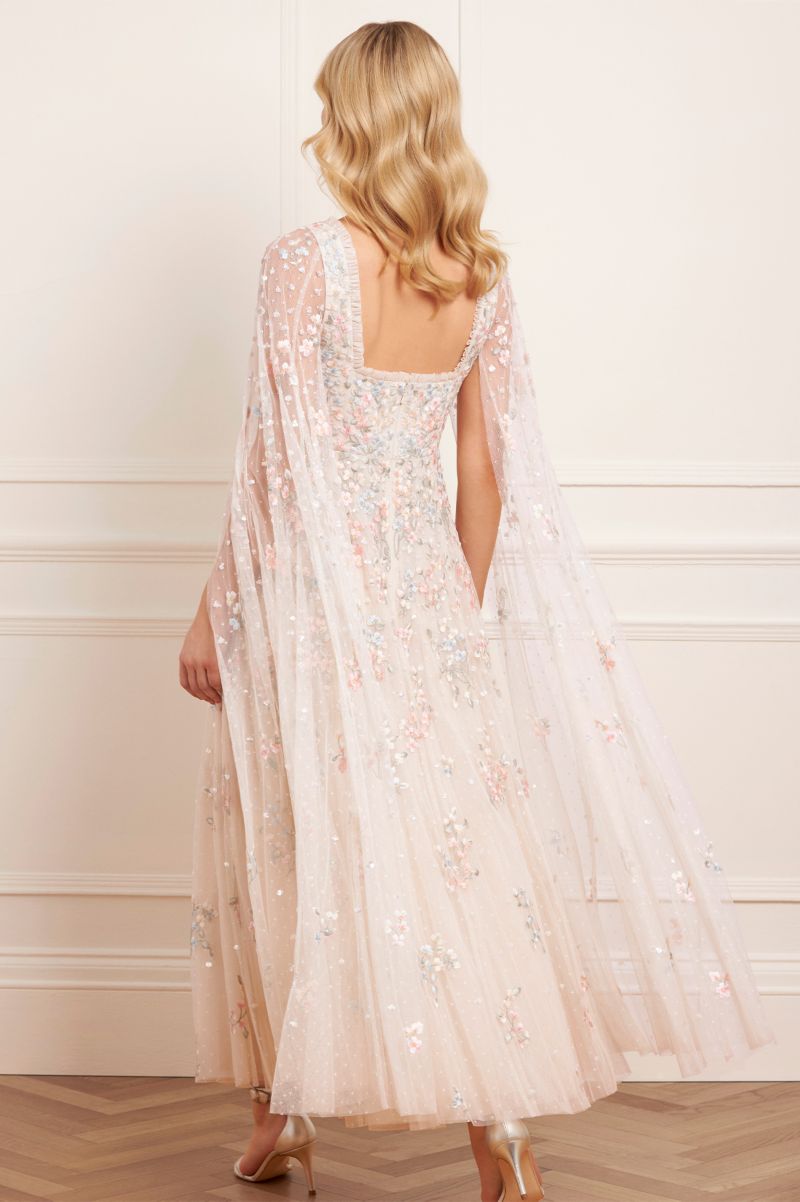 Women's Versailles Ditsy Cape Sleeve Ankle Gown