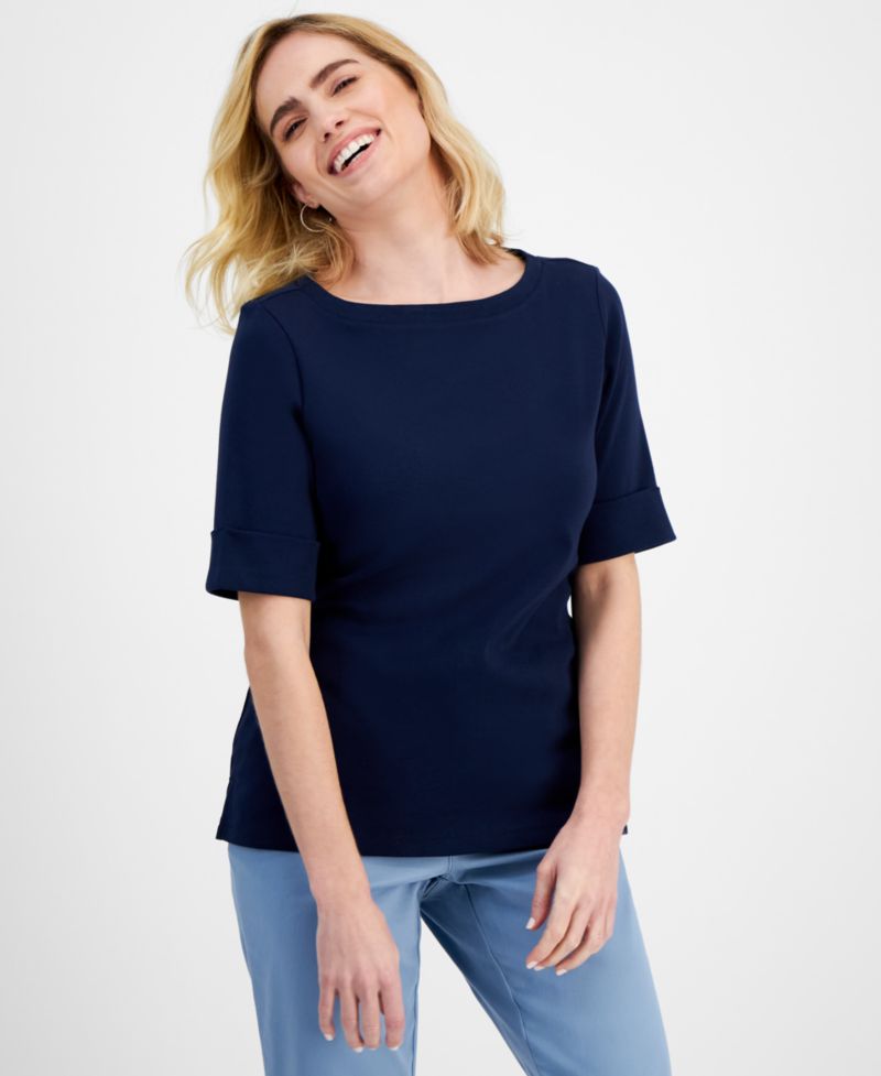 Petite Cotton Elbow-Sleeve Boat-Neck Top