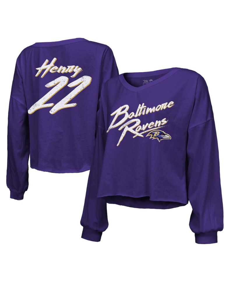 Women's Derrick Henry Purple Baltimore Ravens Name & Number Off-Shoulder Script Cropped Long Sleeve V-Neck T-Shirt