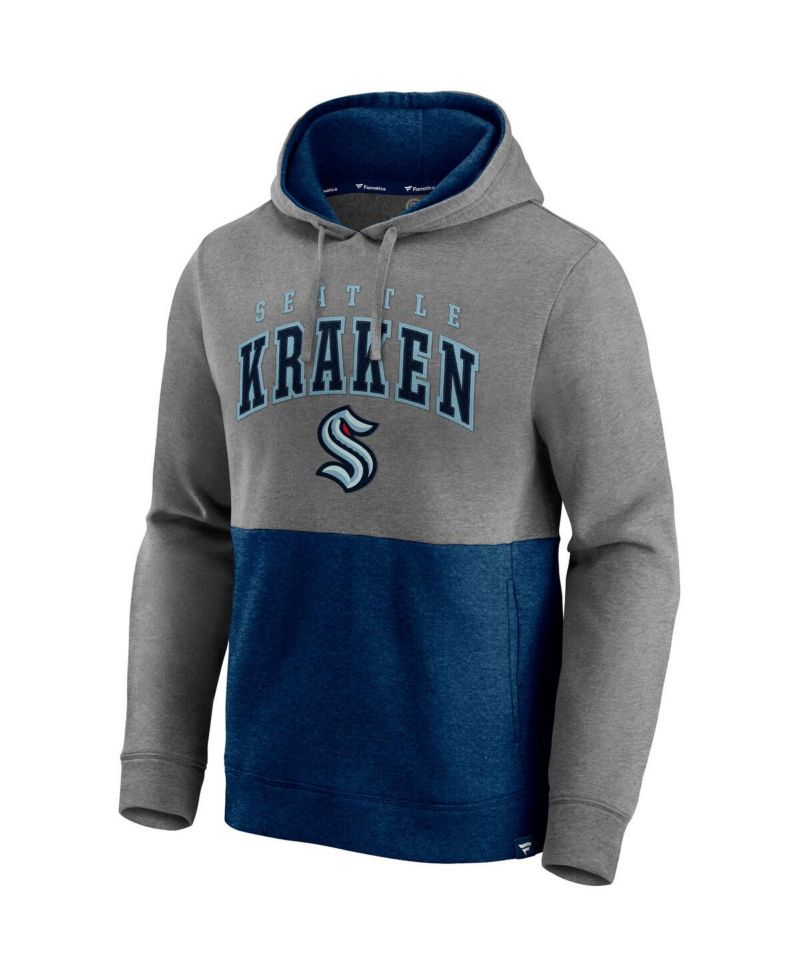 Men's Heathered Gray, Deep Sea Blue Seattle Kraken Block Party Classic Arch Signature Pullover Hoodie